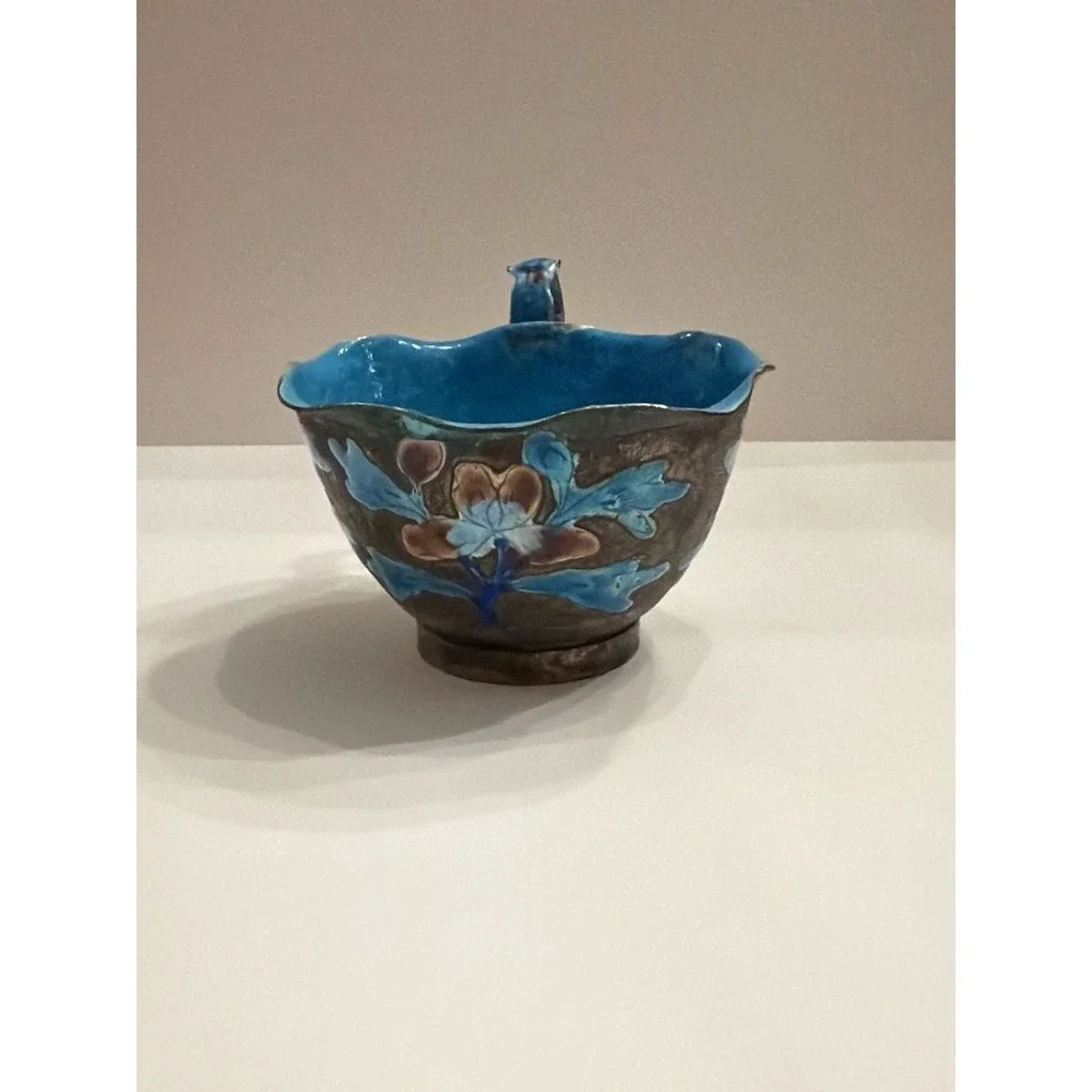 Antique Chinese Export Enameled Copper Miniature Tea Cup Floral Design